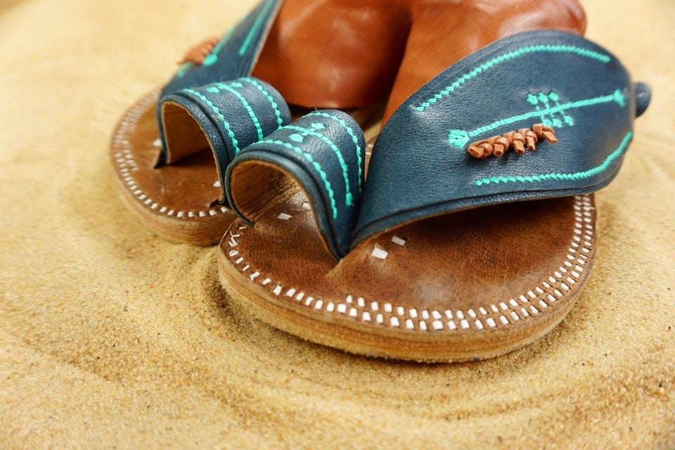 Mens Blue and Brown Leather Sandals ~ SandCruisers ~ Traditional Arabian Sandals ~ Great for Outdoors, Beaches, Parks, Lakes and Earthing!