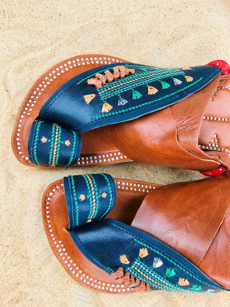 Mens Blue and Brown Leather Sandals ~ SandCruisers ~ Traditional Arabian Sandals ~ Great for Outdoors, Beaches, Parks, Pools & Parties!